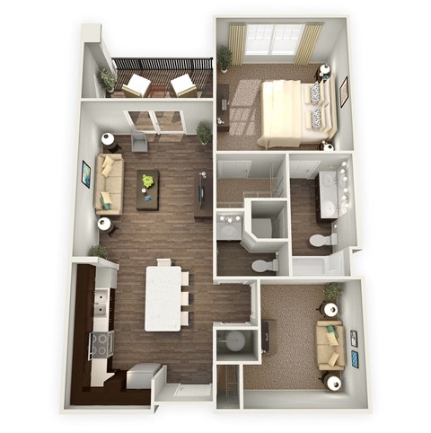 Floor plan for 1 bed, 1.5 baths, 862 sqft